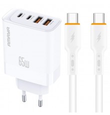 МЗП Amaya E101F PD65W+QC3.0 GaN (2USB-A/2C) + кабель Type-C to Type-C White