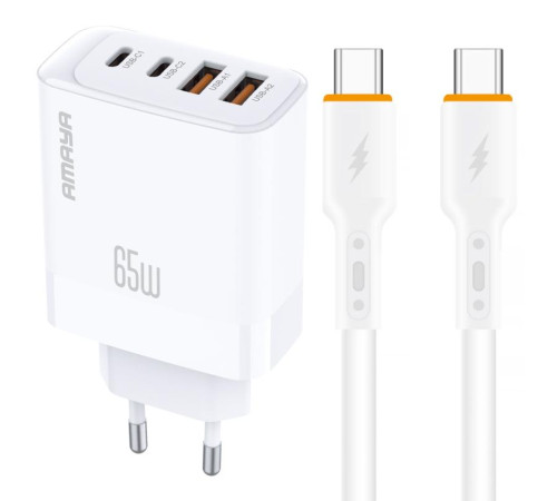 МЗП Amaya E101F PD65W+QC3.0 GaN (2USB-A/2C) + кабель Type-C to Type-C White