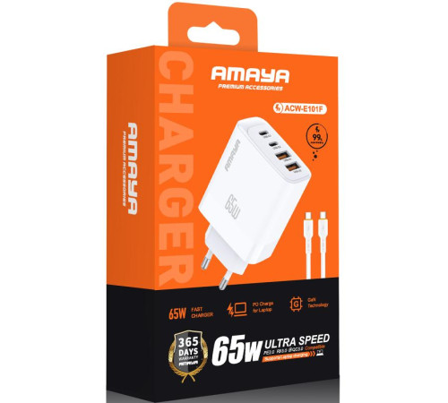 МЗП Amaya E101F PD65W+QC3.0 GaN (2USB-A/2C) + кабель Type-C to Type-C White