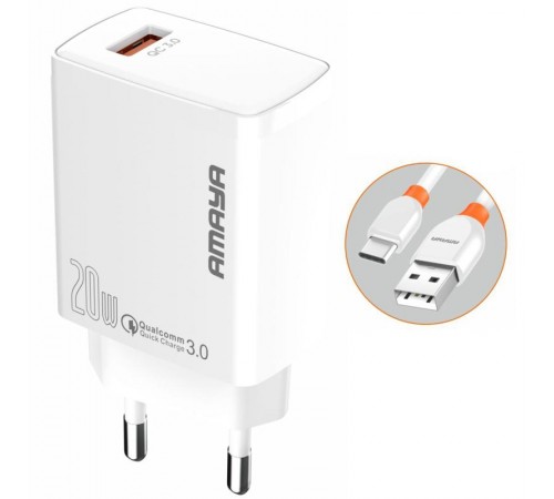 МЗП Amaya E57S QC3.0 20W (1USB-A) + кабель USB to Type-C White