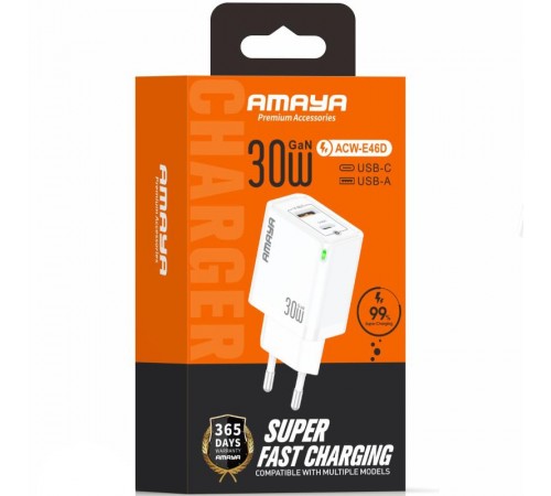 МЗП Amaya E46D PD30W+QC3.0 GaN (1USB-A/1C) White
