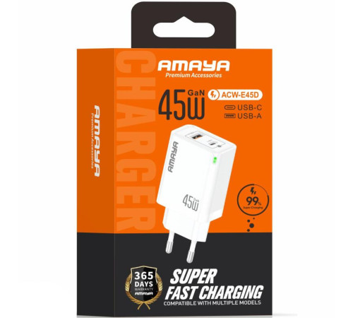 МЗП Amaya E45D PD45W+QC3.0 GaN (1USB-A/1C) White