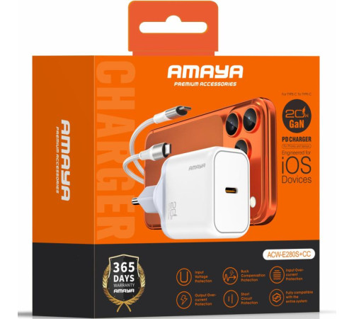 МЗП Amaya E280S PD20W GaN (1USB-C) + кабель Type-C to Type-C White