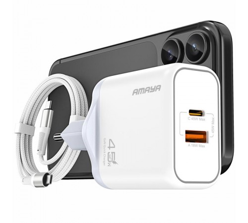 МЗП Amaya E580T PD45W+QC3.0 GaN (1USB-A/1C) + кабель Type-C to Type-C White