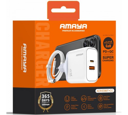 МЗП Amaya E580T PD45W+QC3.0 GaN (1USB-A/1C) + кабель Type-C to Type-C White