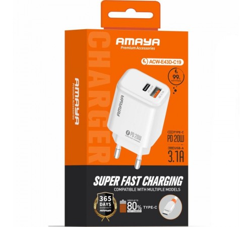 МЗП Amaya E43D PD20W (1USB-A/1C) + кабель USB to Type-C White