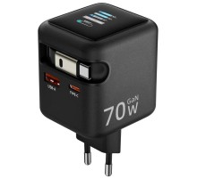 МЗП Amaya E700D PD70W+QC3.0 GaN (1USB-A/1C) + Retractable Cable Type-C Black