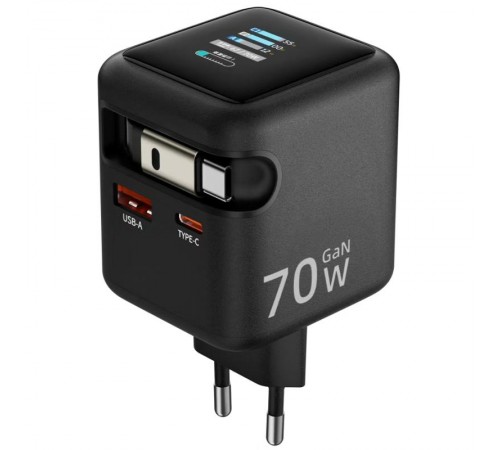 МЗП Amaya E700D PD70W+QC3.0 GaN (1USB-A/1C) + Retractable Cable Type-C Black