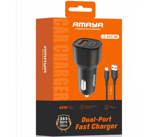 АЗП Amaya ACC-06 PD30W+QC3.0 total 48W (1USB-A/1C) + кабель USB to Type-C Black