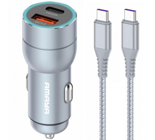 АЗП Amaya ACC-CC08 PD20W+QC3.0 total 43W (1USB-A/1C) + кабель Type-C to Type-C Gray