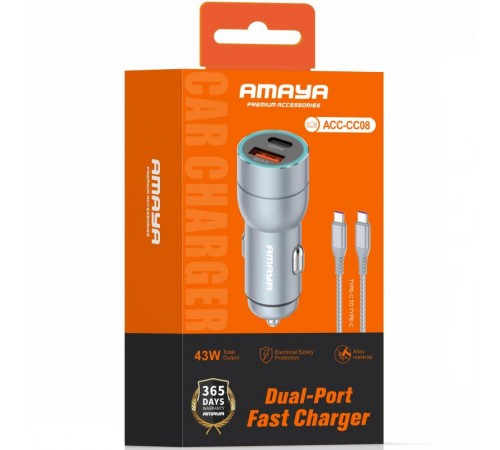 АЗП Amaya ACC-CC08 PD20W+QC3.0 total 43W (1USB-A/1C) + кабель Type-C to Type-C Gray
