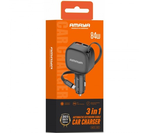 АЗП Amaya ACC-12C PD57.5W+QC3.0 total 84W (1USB-A/1C) with retractable cable Type-C Black