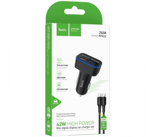 АЗП Hoco Z63A Barry PD42W+QC3.0 (2USB-A/1C) + кабель Type-C to Type-C Black