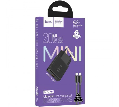 МЗП Hoco N72 Speed ultra-thin PD20W (1USB-C) + кабель Type-C to Lightning Black