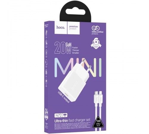 МЗП Hoco N72 Speed ultra-thin PD20W (1USB-C) + кабель Type-C to Lightning White