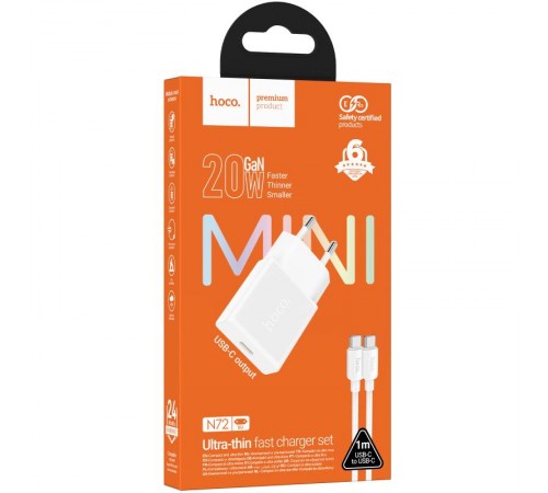 МЗП Hoco N72 Speed ultra-thin PD20W (1USB-C) + кабель Type-C to Type-C White