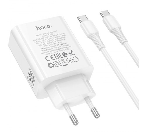 МЗП Hoco C162A Source PD40W (1USB-C) + кабель Type-C to Type-C White