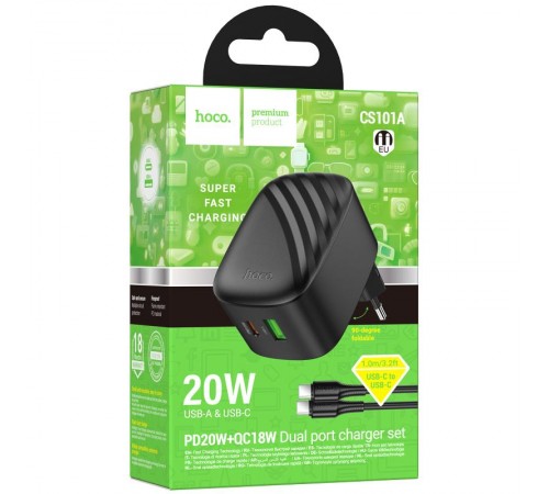 МЗП Hoco CS101A Folding PD20W+QC3.0 (1USB-A/1C) + кабель Type-C to Type-C Black