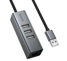 Перехідник HUB Hoco HB1D USB to USB2.0*3+RJ45 Metal gray