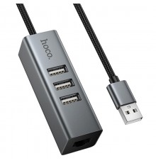 Перехідник HUB Hoco HB1D USB to USB2.0*3+RJ45 Metal gray