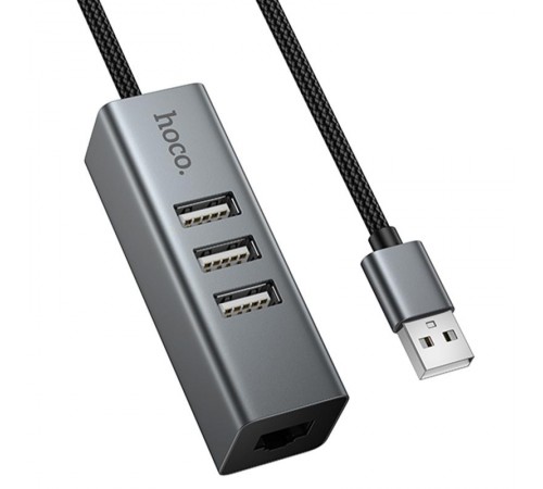 Перехідник HUB Hoco HB1D USB to USB2.0*3+RJ45 Metal gray