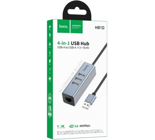 Перехідник HUB Hoco HB1D USB to USB2.0*3+RJ45 Metal gray