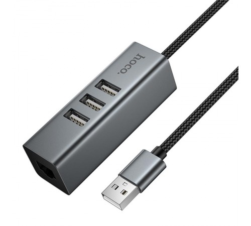 Перехідник HUB Hoco HB1D USB to USB2.0*3+RJ45 Metal gray