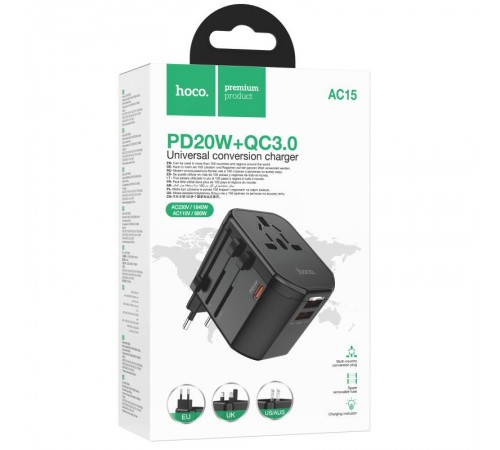 Мережевий універсальний перехідник Hoco AC15 Walker PD20W+QC3.0 (2USB-A/1C) (EU) Black