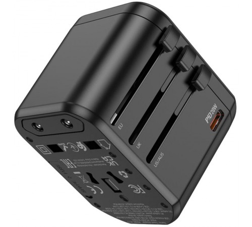 Мережевий універсальний перехідник Hoco AC15 Walker PD20W+QC3.0 (2USB-A/1C) (EU) Black