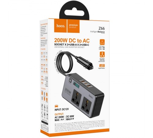 АЗП інвертор Hoco Z66 New PD66W+QC3.0 (2USB-A/1C/2xSocket) (0.5m) Black