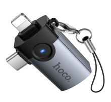 Перехідник Hoco UA46D OTG 2in1 Lightning male/Type-C male to USB female Metal gray