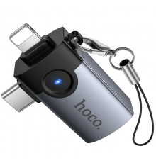 Перехідник Hoco UA46D OTG 2in1 Lightning male/Type-C male to USB female Metal gray