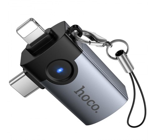 Перехідник Hoco UA46D OTG 2in1 Lightning male/Type-C male to USB female Metal gray