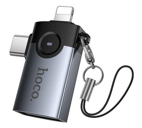 Перехідник Hoco UA46D OTG 2in1 Lightning male/Type-C male to USB female Metal gray