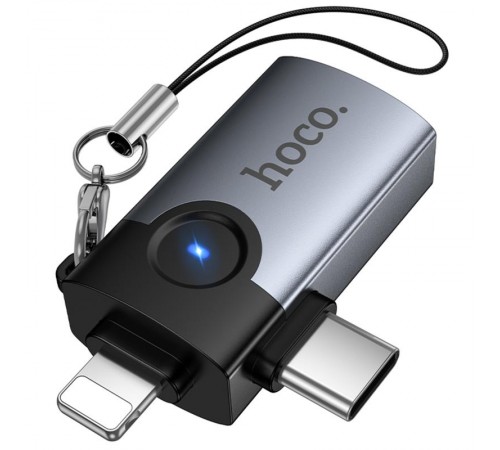 Перехідник Hoco UA46D OTG 2in1 Lightning male/Type-C male to USB female Metal gray