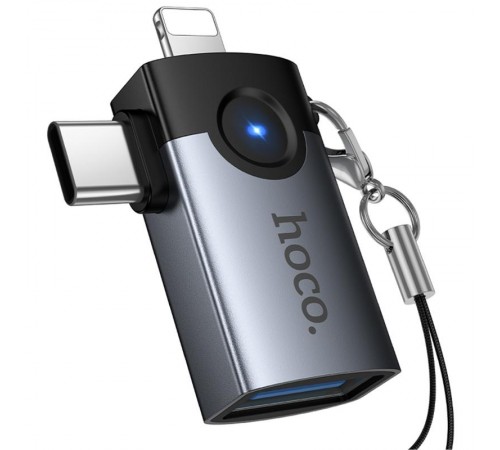 Перехідник Hoco UA46D OTG 2in1 Lightning male/Type-C male to USB female Metal gray