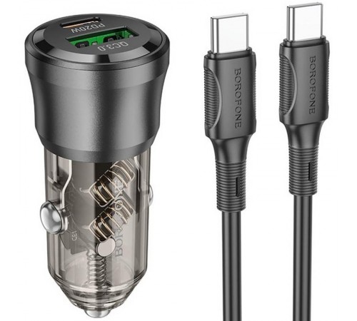 АЗП Borofone BZ25 Journey PD20W+QC3.0 total 38W (1USB-A/1C) + кабель Type-C to Type-C Transparent black