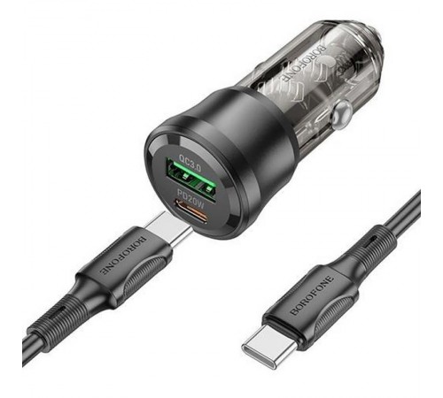АЗП Borofone BZ25 Journey PD20W+QC3.0 total 38W (1USB-A/1C) + кабель Type-C to Type-C Transparent black