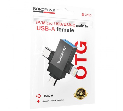Перехідник Borofone BV26D 3in1 Lightning male/Type-C male/Micro male to USB2.0 female Black