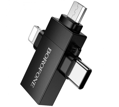 Перехідник Borofone BV26D 3in1 Lightning male/Type-C male/Micro male to USB2.0 female Black