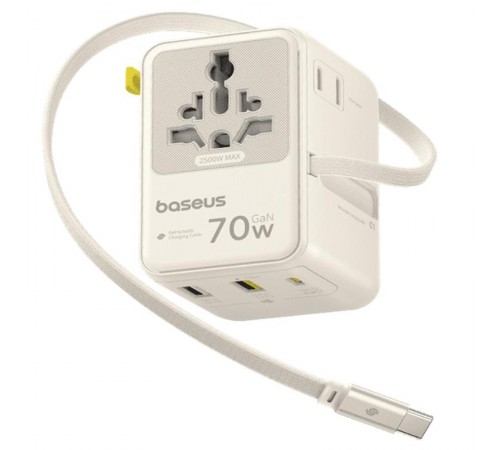Мережевий універсальний перехідник Baseus CG11 70W with retractable cable (2USB-A/3C/1Socket) (E0307E) Off-White