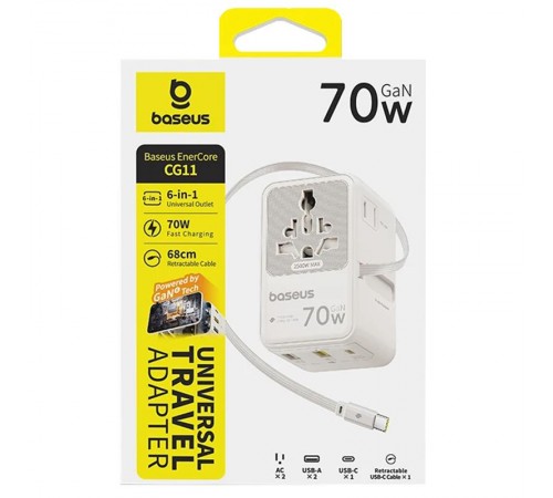 Мережевий універсальний перехідник Baseus CG11 70W with retractable cable (2USB-A/3C/1Socket) (E0307E) Off-White