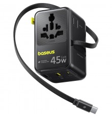 Мережевий універсальний перехідник Baseus AG11 45W with retractable cable (2USB-A/1C/1Socket) (E0307F) Cosmic Black
