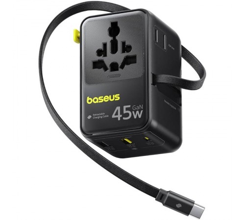 Мережевий універсальний перехідник Baseus AG11 45W with retractable cable (2USB-A/1C/1Socket) (E0307F) Cosmic Black