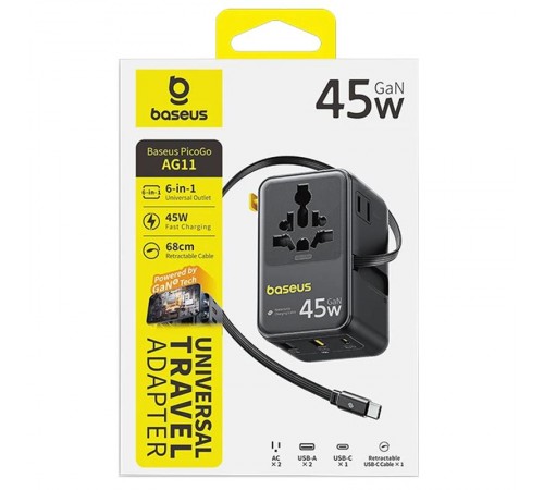 Мережевий універсальний перехідник Baseus AG11 45W with retractable cable (2USB-A/1C/1Socket) (E0307F) Cosmic Black