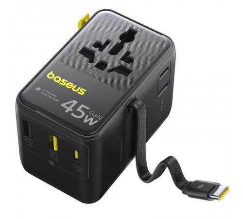 Мережевий універсальний перехідник Baseus AG11 45W with retractable cable (2USB-A/1C/1Socket) (E0307F) Cosmic Black