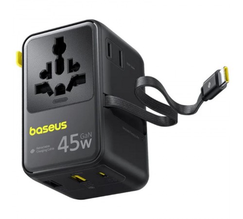 Мережевий універсальний перехідник Baseus AG11 45W with retractable cable (2USB-A/1C/1Socket) (E0307F) Cosmic Black