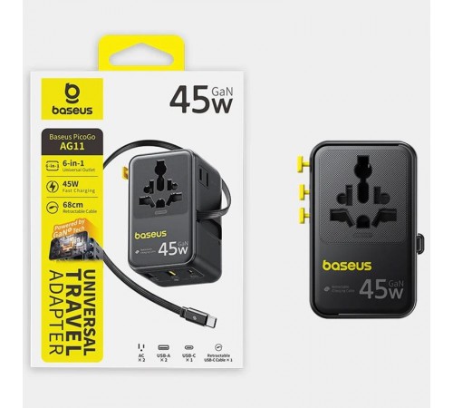 Мережевий універсальний перехідник Baseus AG11 45W with retractable cable (2USB-A/1C/1Socket) (E0307F) Cosmic Black