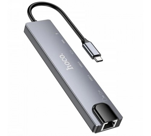 Перехідник HUB Hoco DUP09 (Type-C to HDMI+USB 3.0+USB 2.0+2xType-C+SD/TF) Silver