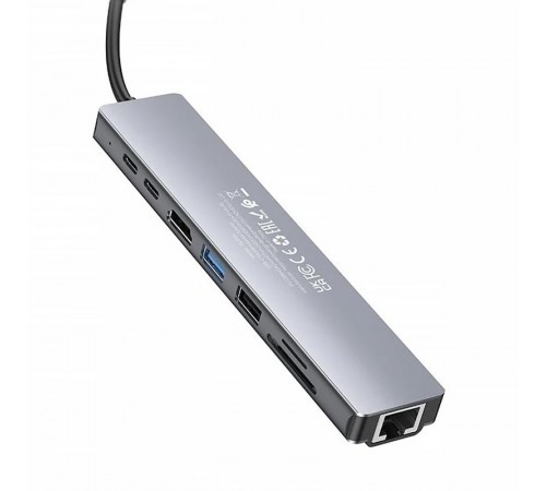 Перехідник HUB Hoco DUP09 (Type-C to HDMI+USB 3.0+USB 2.0+2xType-C+SD/TF) Silver